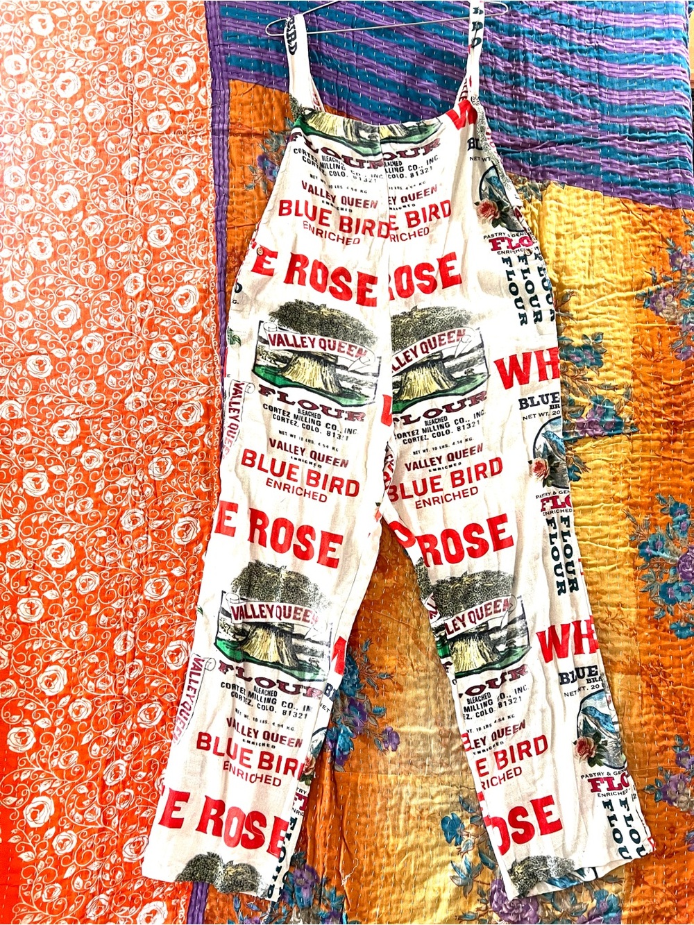 Cotton Vintage-Inspired Flour Sack Print Overalls with Blue Bird One Size - Picture 2 of 10